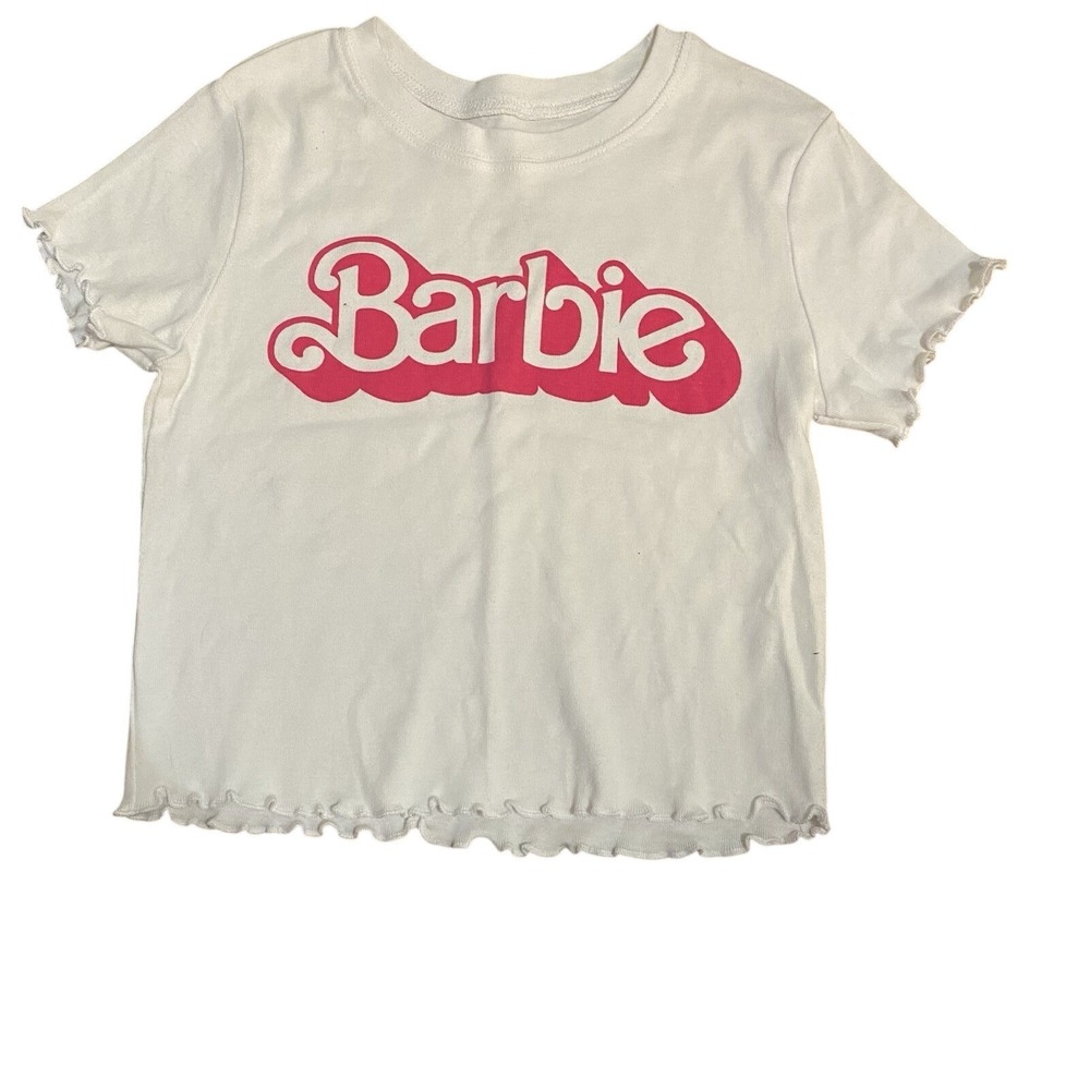 Barbie Crop Tee Shirt Women's Medium White Pink Logo Lettuce Hem Y2K‎ 90s